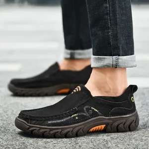 Men's black nubuck leather slip-on shoes with durable anti-slip rubber soles for outdoors