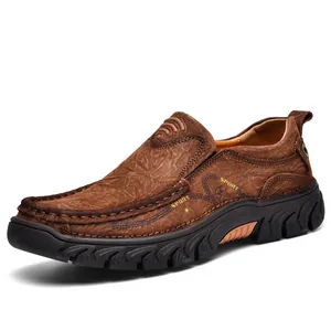 Mens dark brown slip-on casual leather shoes with thick non-slip rubber sole and sport detail