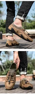 Détails de chaussures en cuir marron pour hommes avec col en tricot et lacets réglables