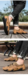 Détail de mocassin en cuir marron avec col en maille élastique et système de laçage rapide