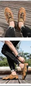 Détails de mocassins en cuir marron avec col en maille élastique et lacets rapides