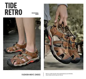 Detail of men brown leather closed-toe outdoor sandals with drawstring lacing system