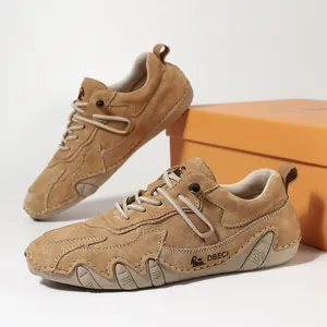 Khaki suede leather outdoor casual shoes with hand-stitched detailing and rubber sole