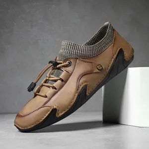 Mocassins homme en cuir marron avec col en maille et semelle antidérapante octopus