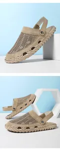 Khaki Outdoor-Sandalen aus Netzstoff mit Handnaht-Details und verstellbarem Fersenriemen