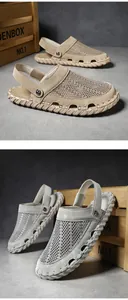 Detail von atmungsaktivem Mesh-Obermaterial und verstellbarem Fersenriemen an Herren-Sandalen