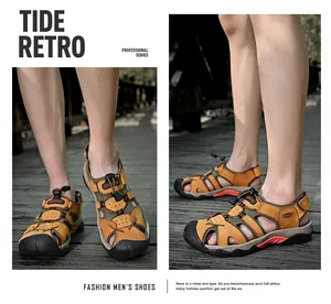 Outdoor men's leather closed-toe sandals with non-slip rubber soles for beach hiking
