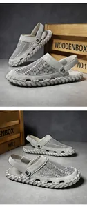 Graue atmungsaktive Mesh-Sandalen für Herren mit Handnaht und verstellbarem Fersenriemen