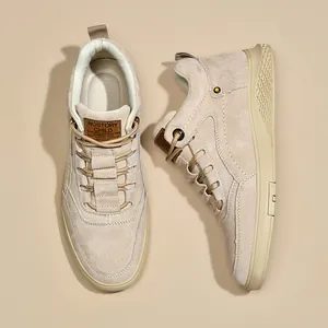 Men's high-top breathable casual sneakers in beige suede with durable rubber soles