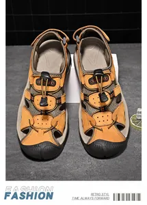 Outdoor leather sandals for men with closed toe protection and quick lacing system
