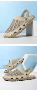 Detail der Herren-Ledersandalen mit beigem Mesh-Gewebe und handgenähter Gummisohle