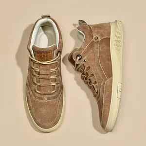 Brown suede high-top casual sneakers for men with retro design and thick white soles