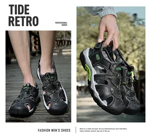 Macro view of men's hiking sandal featuring breathable mesh and quick-lace system