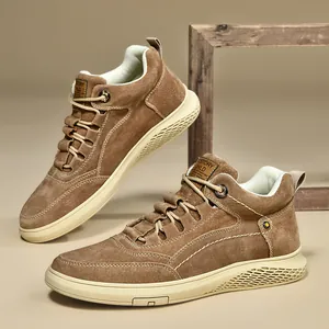Men's high-top brown suede casual sneakers with contrast stitching and honeycomb rubber sole