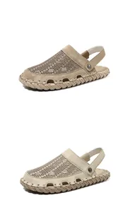 Detail des atmungsaktiven Mesh-Obermaterials und der Handnaht auf Herren-Sandalen