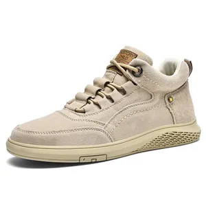 Men's khaki high-top sneakers in premium nubuck leather with textured honeycomb sole