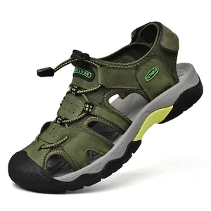 Detail view of military green outdoor sandals with closed-toe design and adjustable straps
