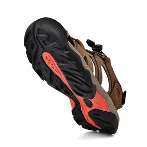 Men's brown leather outdoor beach sandals with anti-slip rubber sole and closed toe design