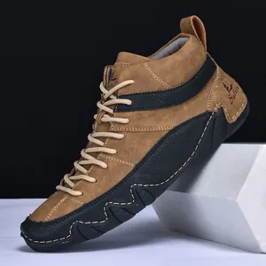 Men's high-top outdoor casual boots in brown nubuck leather with anti-slip rubber sole