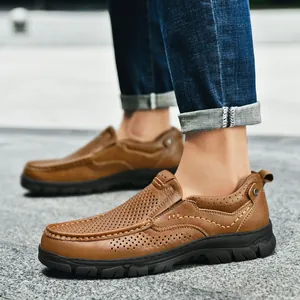 Heren Casual Runderleren Schoenen Geperforeerd Ademend Instappers Antislip Rubberen Zool Outdoor Zakelijke Vrijetijdsschoenen