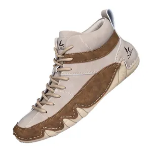 Men's high-top khaki casual boots with Salkin logo and contrast stitching design