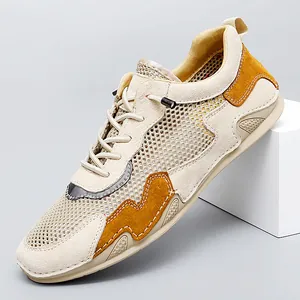 Men Casual Mesh Breathable Sneakers Cowhide Leather Upper Hollow Out Low Top Lightweight Walking Shoes For Summer Outdoor Footwear
