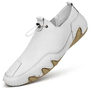 White genuine leather slip-on loafers for men with rubber wave sole and adjustable drawstring