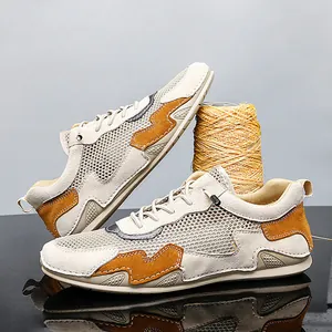Men's breathable mesh sneakers in beige and ginger yellow with stylish wave stitching
