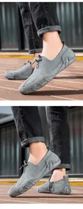Macro detail of gray suede loafer featuring wave-pattern rubber sole and drawstring detail