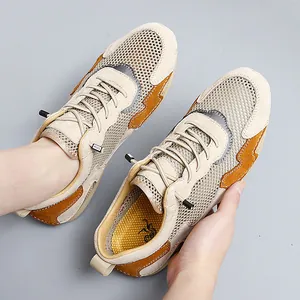 Breathable mesh loafers in beige with brown leather accents and honeycomb texture