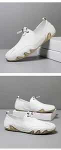 Detailed view of white pebble grain leather loafers with wavy anti-slip rubber soles