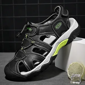 Men's outdoor closed-toe beach sandals in black and green with quick lacing