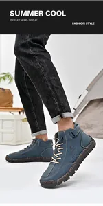 Detail of blue suede casual shoe with visible hand-stitching and rubber sole branding