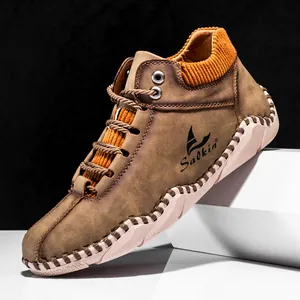 Men's retro brown leather casual boots with orange corduroy collar and hand-stitched soles