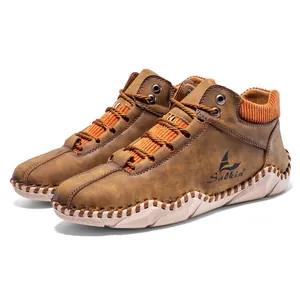 Men's high-top casual leather boots in dark brown with orange knit collar and thick rubber sole