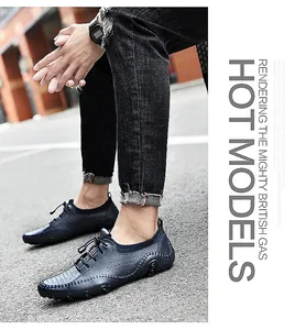 Détails de chaussures décontractées en cuir bleu foncé avec perforations respirantes