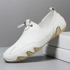 Men's white genuine leather casual loafers with textured upper and wave rubber soles