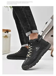 Detail of hand-stitched sole and premium leather texture on black men's casual boots
