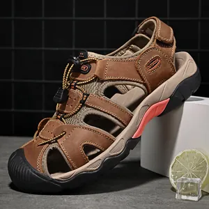 Brown leather men's outdoor beach sandals with breathable mesh and closed toe