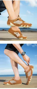 Brown suede and white mesh men's outdoor leisure sneakers with anti-slip rubber soles