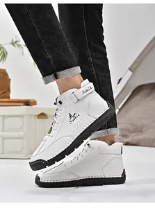 Men's casual white high-top leather boots with rubber soles and hand-stitched details