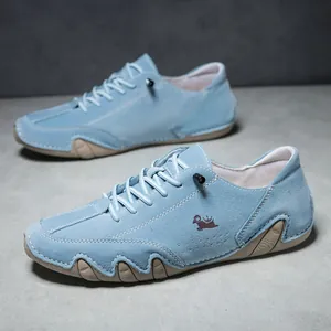 Detail showing light blue suede surface with contrast stitching and rubber pebble sole