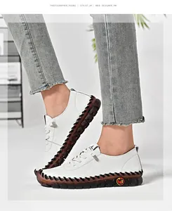 Detailed macro view of white casual leather shoe with thick rubber sole and manual stitching