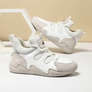 Baskets montantes en cuir véritable pour femmes avec design contrasté blanc et beige
