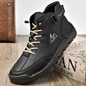 Men's high-top black leather casual shoes with litchi texture and thick rubber soles