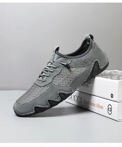 Grey men's casual mesh sneaker with suede leather texture and anti-slip rubber sole