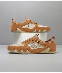 Detailed macro view of breathable mesh fabric and bungee laces on men's summer sneakers