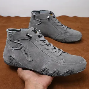 Men's dark grey genuine leather high-top casual sneakers with durable wavy non-slip sole