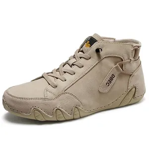 Men's khaki leather high-top boots with durable rubber sole and lace-up closure
