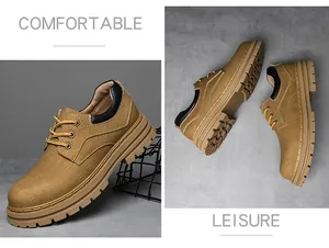 Detail view of khaki pebbled leather derby shoes with thick non-slip soles and comfort collar